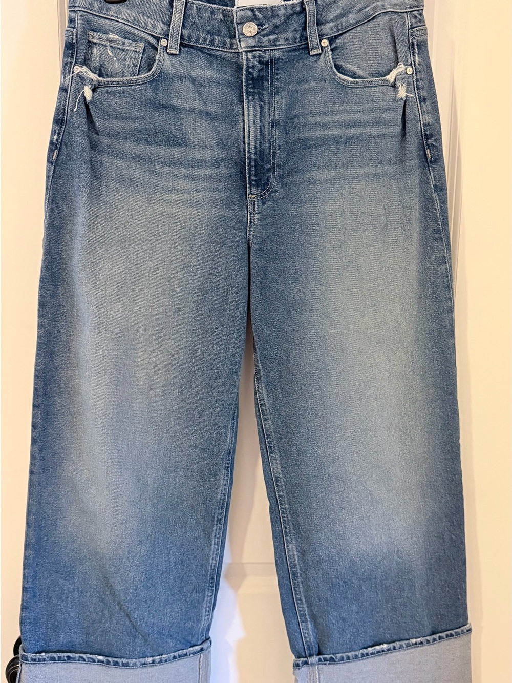 PAIGE Light Blue Wide-Leg Cropped Jeans with Cuffed Hem - Picture 2 of 10